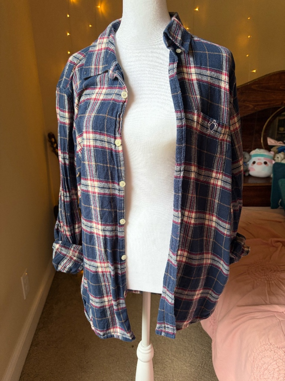 Super cozy navy blue and burgundy/red plaid flannel shirt from Simply Southern!